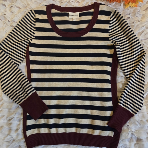 Olive & Oak Burgundy and Cream Striped Long Sleeved Sweater - Picture 2 of 4